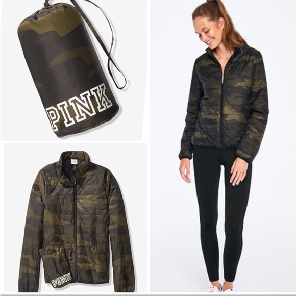 PINK Victoria’s Secret packable puffer size small green brown camouflage - Picture 1 of 9